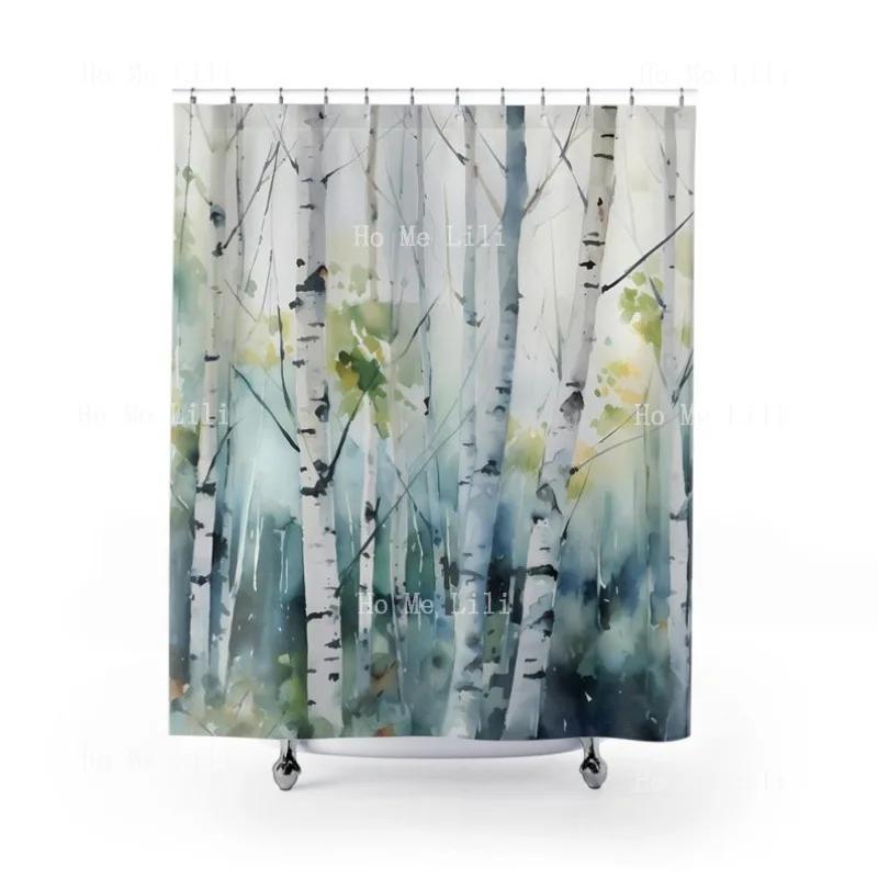 Birch Tree Watercolor Mountain Forest Nature Scenery Landscape Shower Curtains W90xH180cm