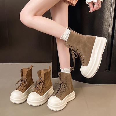 Retro Lapel Lace-up Muffin Platform High-top Shoes Women's Martin Boots New Small Height-increasing Casual Shoes