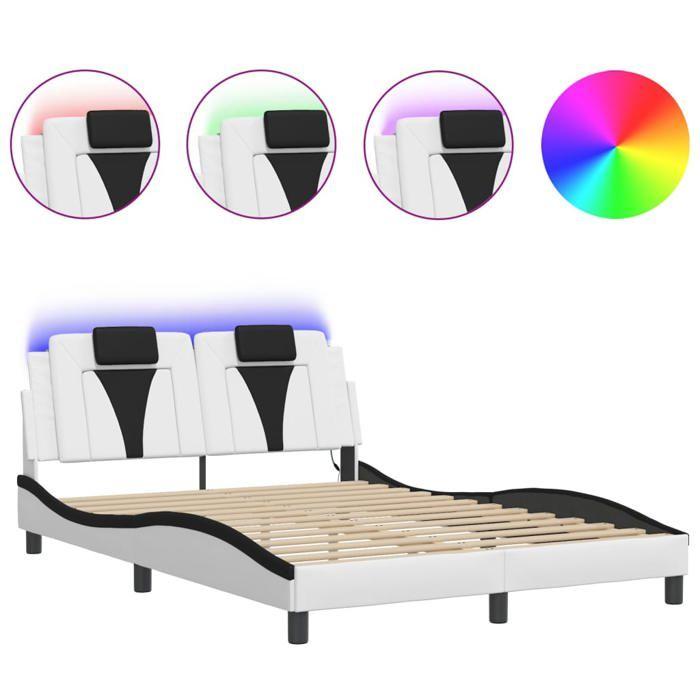 VidaXL Cadre de Lit avec Lumières LED, Lit Rembourré avec Coussin, Lit Double, Lit Adulte Chambre, Moderne, Blanc Noir 3214028