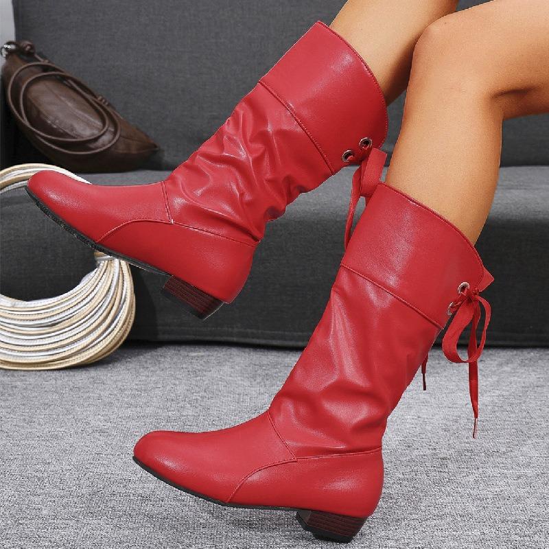 Cross-border New Large-size Lace-up Thin High Boots Women's Autumn and Winter White Student Thick-heeled Leather Knight Boots