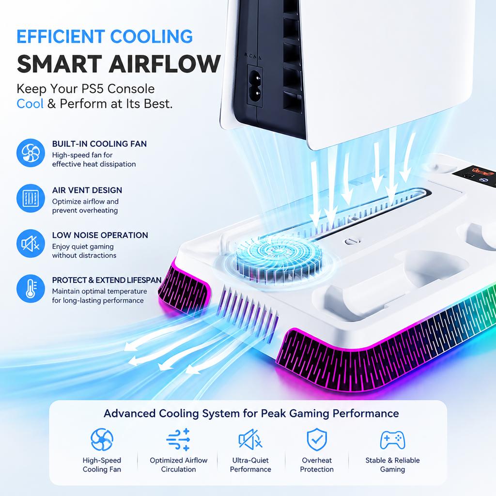 The All-in-One Cooling Stand Base PS5/PS5 Slim/ Model with RGB Lighting Effects, Storage Function and Controller Accessories