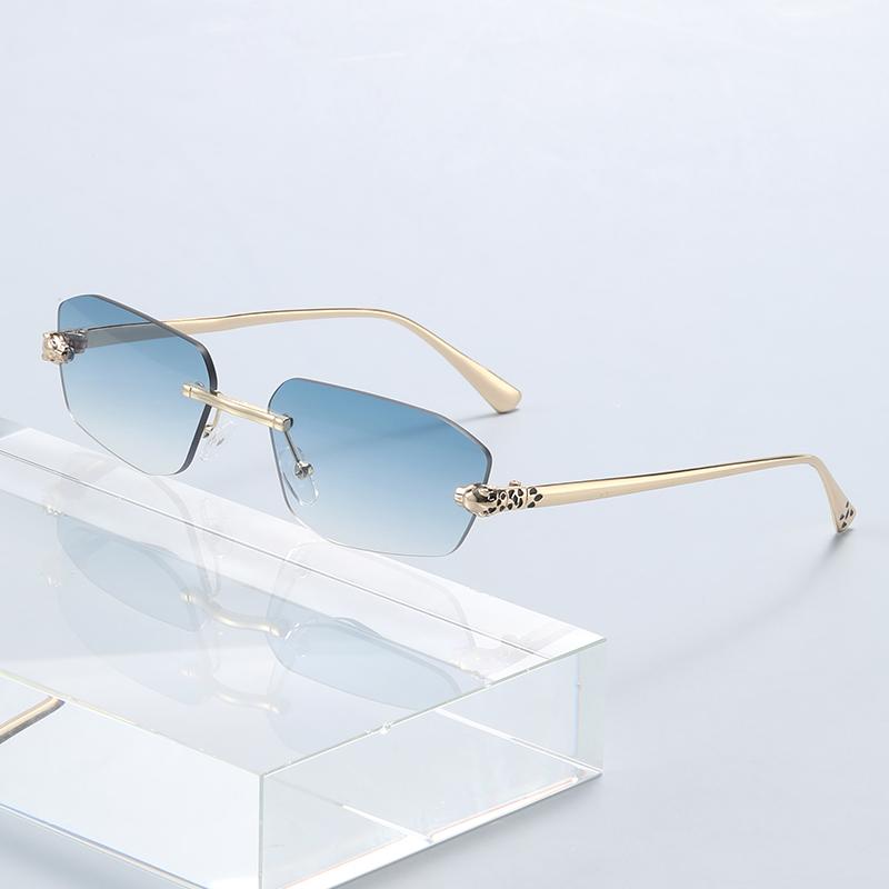 New Fashionable Metal Edged Frameless Sunglasses With Multi Sided Fashion Cheetah Decorative Sunglasses 2520