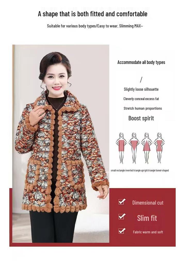 Winter Plus Velvet Floral Cotton Jacket for Middle-aged and Elderly Moms – Thick, Warm, Anti-cold Short Coat