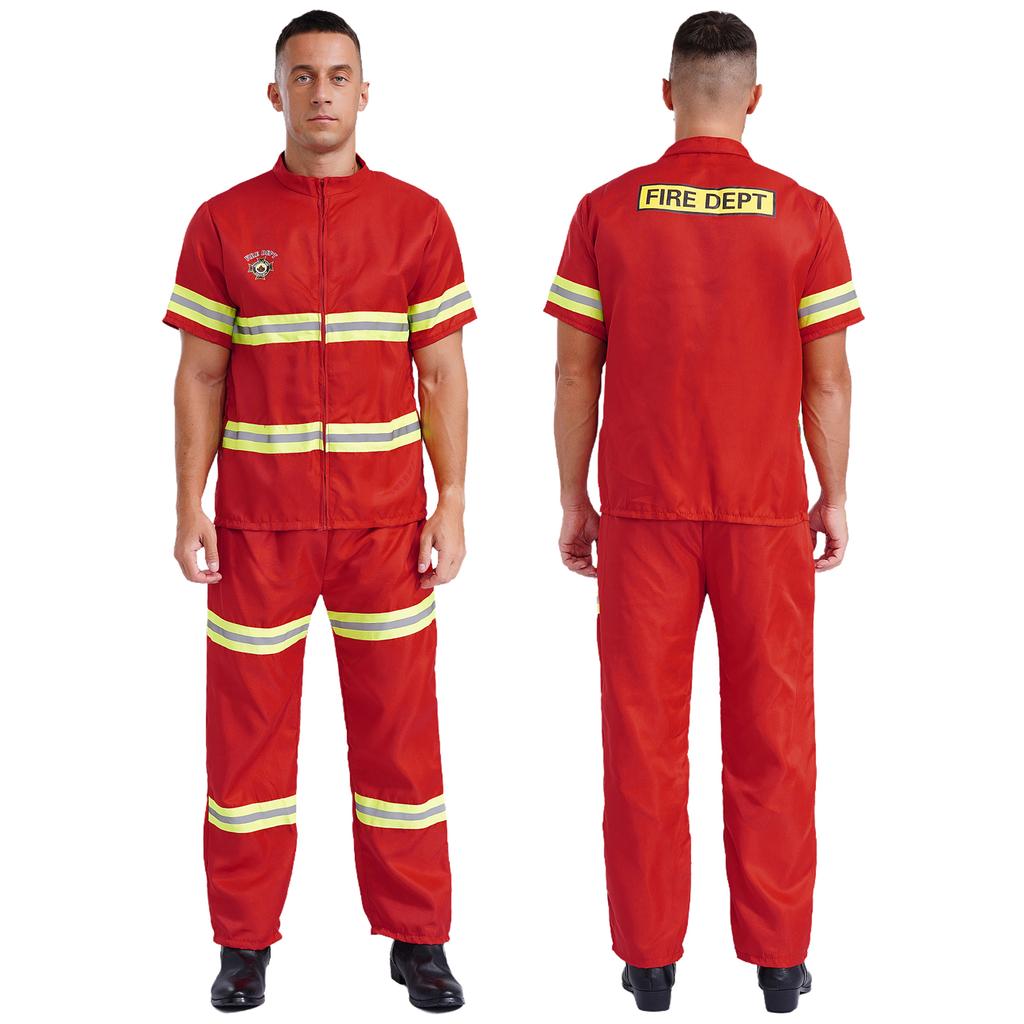 Adult Firefighter Dress Up Suit - 4-Piece Costume with Short Sleeve Jacket, Pants, Belt & Safety Helmet