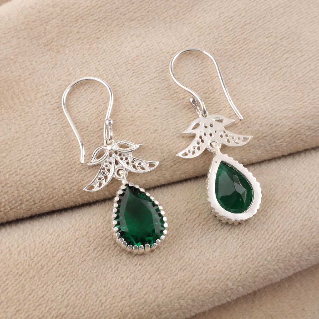 Bijoux Boucles d'Oreilles Crochets Faits Main en Argent Sterling 925 Pierre Précieuse Émeraude Verte 1.84" CE-27-12