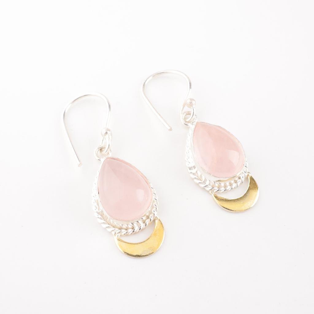 Natural Rose Quartz Gemstone  925 Sterling Silver Jewelry Handmade Earrings 1.5" EE-162-29
