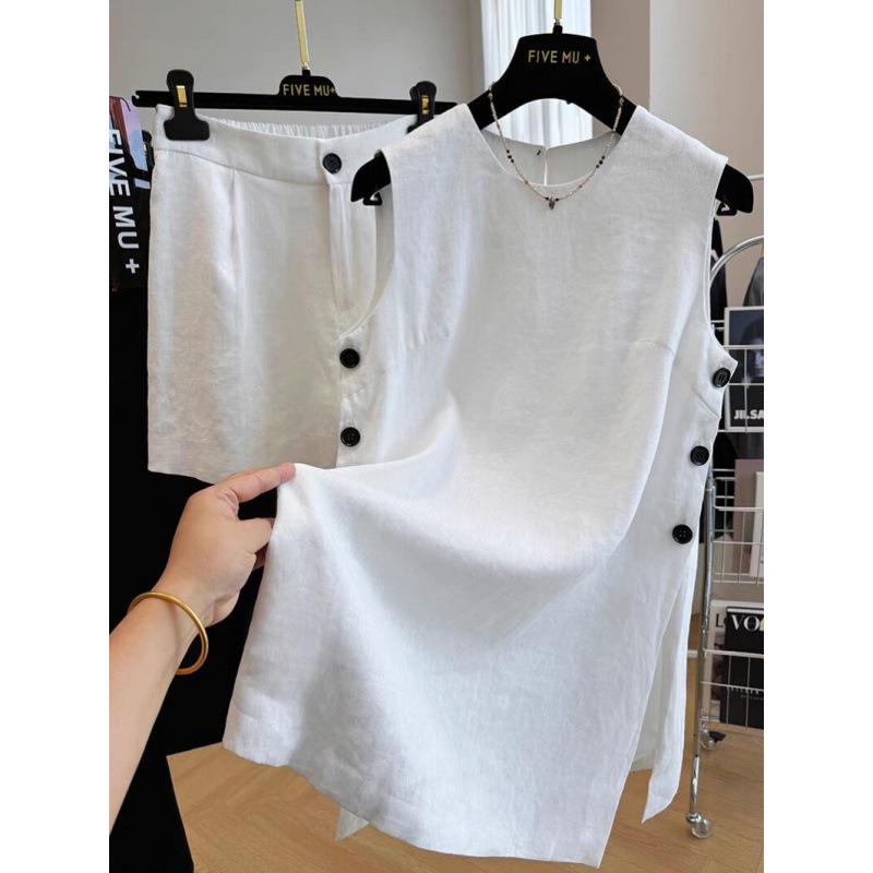 

Elegant Pure Linen Vest & Shorts Summer Set - Salt-Style Two-Piece Outfit for Women L белый