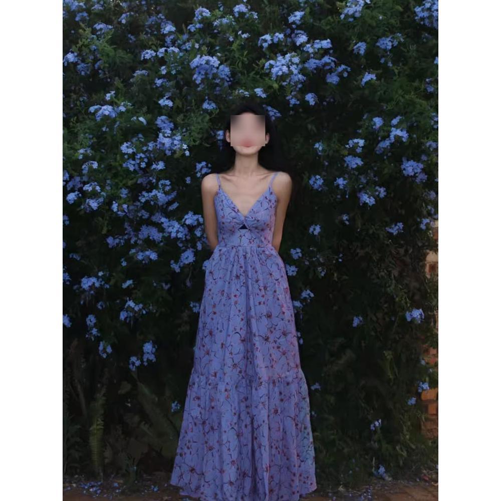 Blue floral slip dress women's summer casual temperament V-neck backless resort beach dress