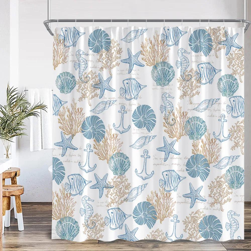 Nautical Cartoon Shower Curtain Tropical Fish Starfish Shell Seaweed Coral Underwater Bathroom Decoration Polyester Bath Curtain