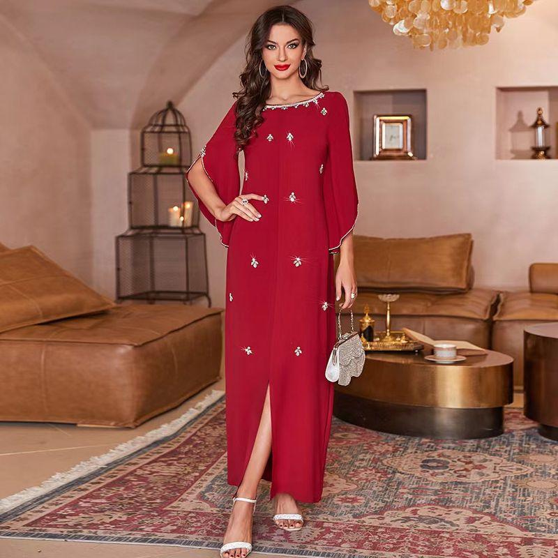 

Western Style round Neck Half Sleeve Long dress Diamond-Studded Party Dress Diamond-Studded Beaded Dress Rose Red XL