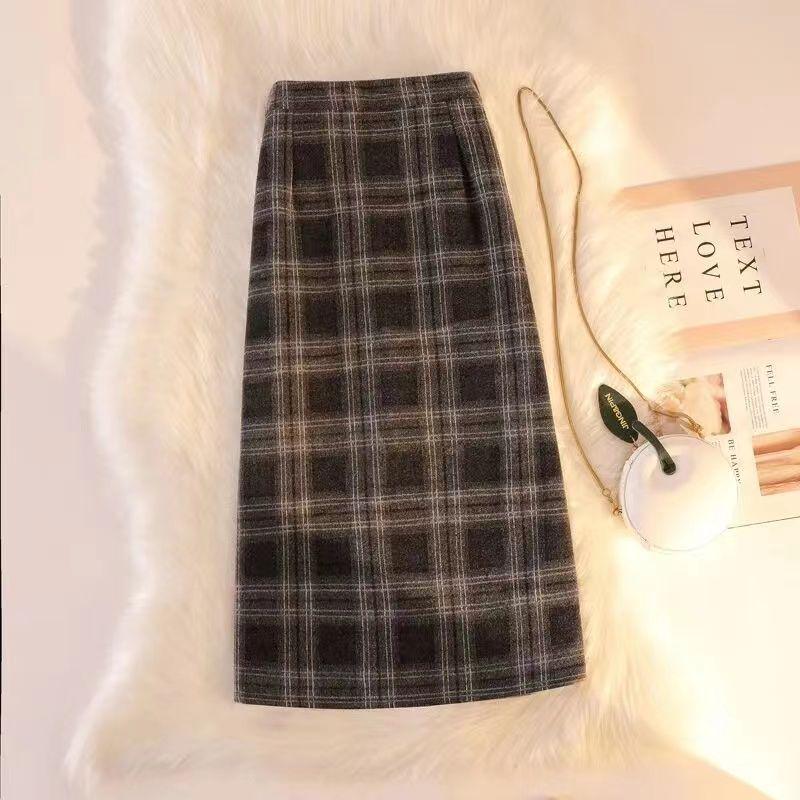 Plaid Tweed High Waist Midi Skirt - Korean Style, Thickened, Warm, Elastic, with Slit.