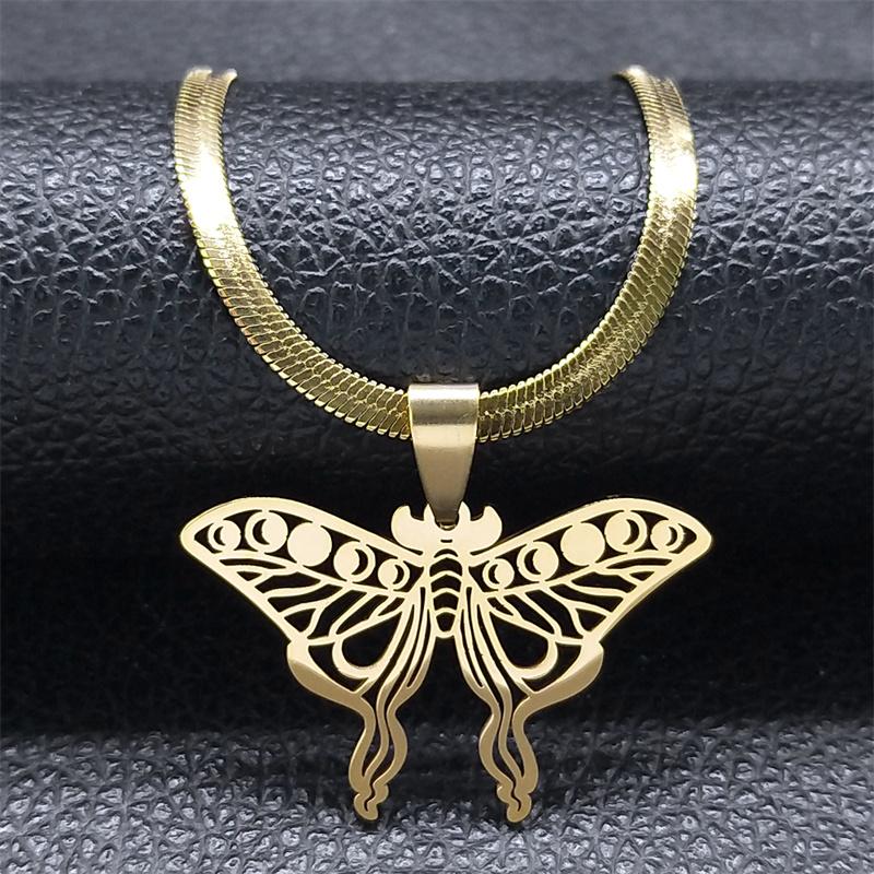 Moth Pendant Necklace Witchcraft Moon Phase Choker for Women Stainless Steel Gold Color Clavicle Chain Necklaces Jewelry N8025