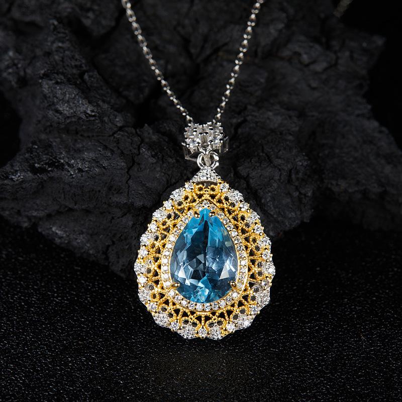 Vintage Hollow Atmosphere S925 Sterling Silver Inlaid With Large Natural Amethyst Topaz Colored Treasure Pendant Necklace Women