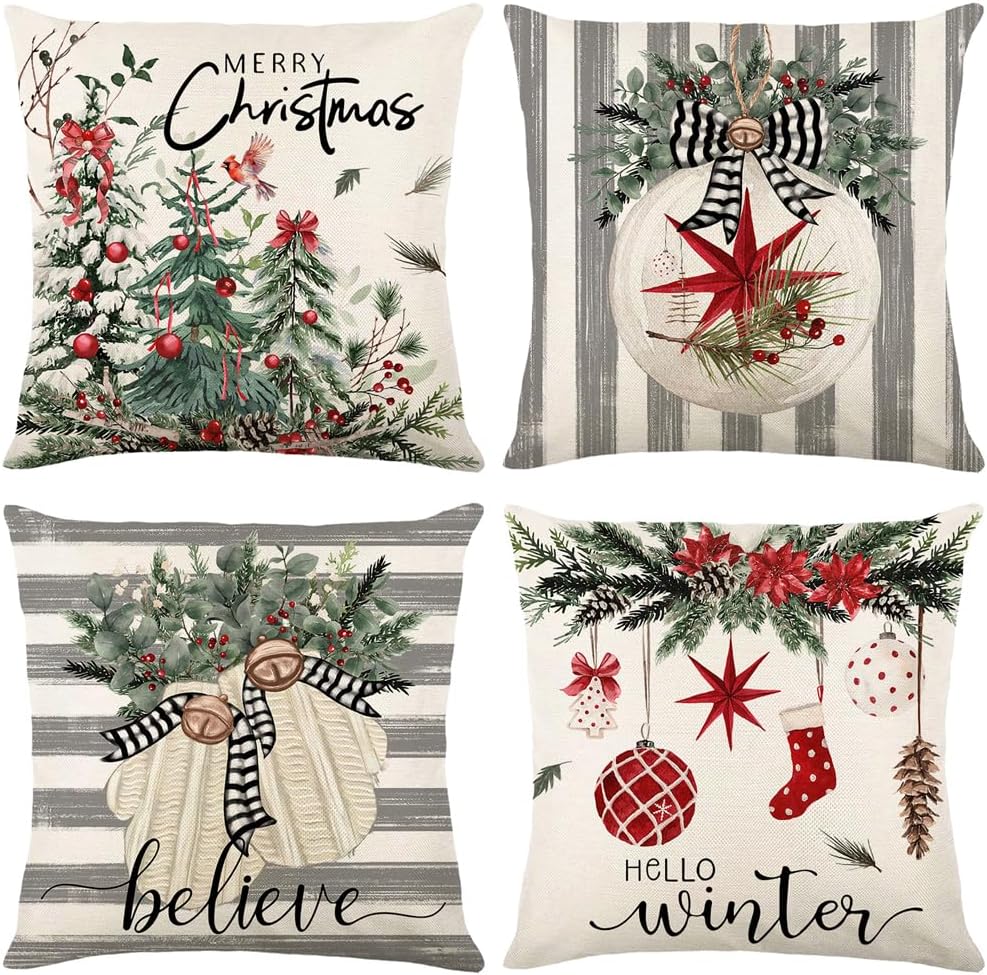 Christmas Throw Pillow Covers 18X18 Set Of 4,Linen Pillow Cases Vintage Nordic Snowman Tree Plaid Gray White Pillowcover