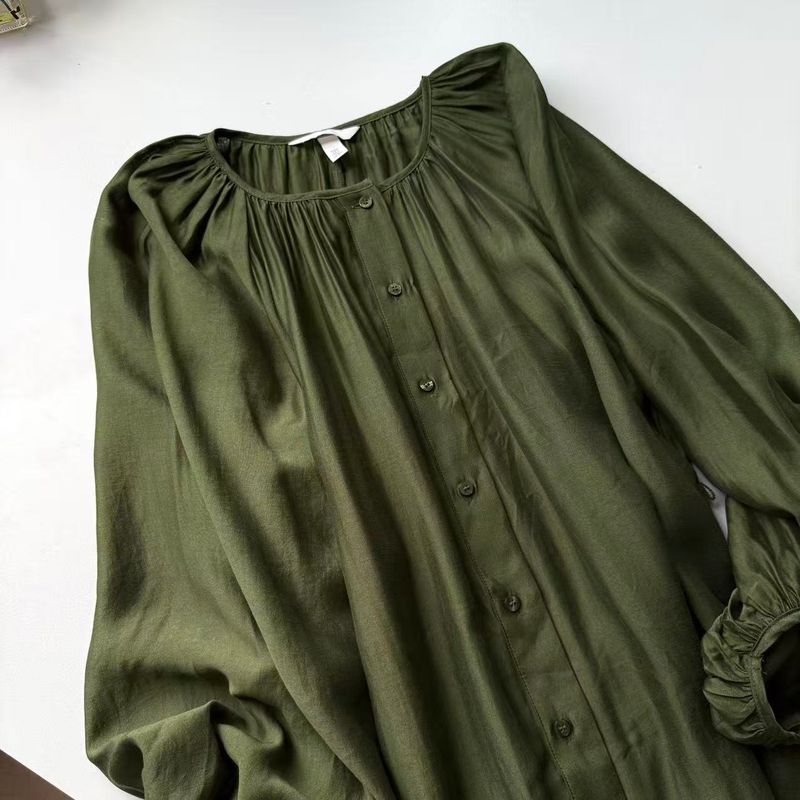

You Need to Match Your Own Belt Women clothes Foreign Trade Order Puff sleeve Thin round Neck Button Loose Plus size dresses Green XL