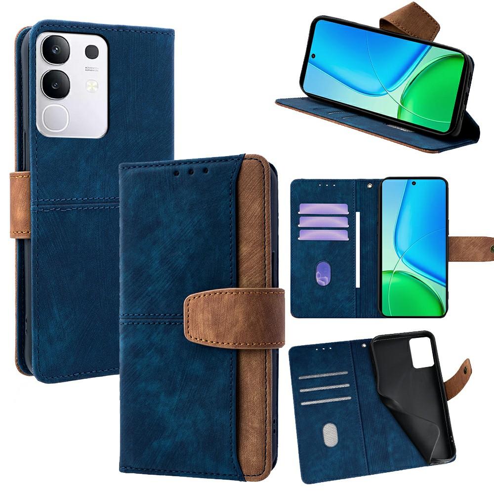 

For vivo Y29 4G Case RFID Blocking Color Splicing PU Leather Wallet Phone Cover Blue