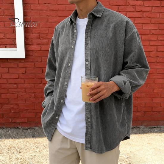 Formal Men Dress Shirt Corduroy Button Down Long Sleeve Lapel Classic Solid Loose Fit Casual Color Jacket for Work Dating Street Wear