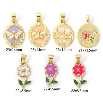 2 Piece Brass Charms 18K Gold Plated Multicolor Enamel Flower Butterfly Pendants For DIY Necklace Bracelet Jewelry Making