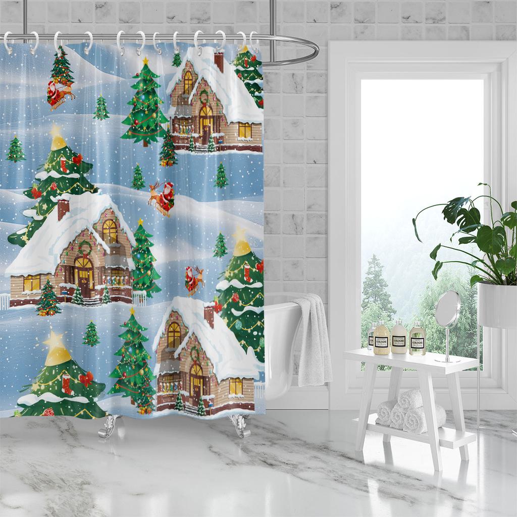1pc Christmas Town Printed Waterproof Shower Curtain Shower Partition Privacy Hanging Curtain with 12 Hooks Easy Installation