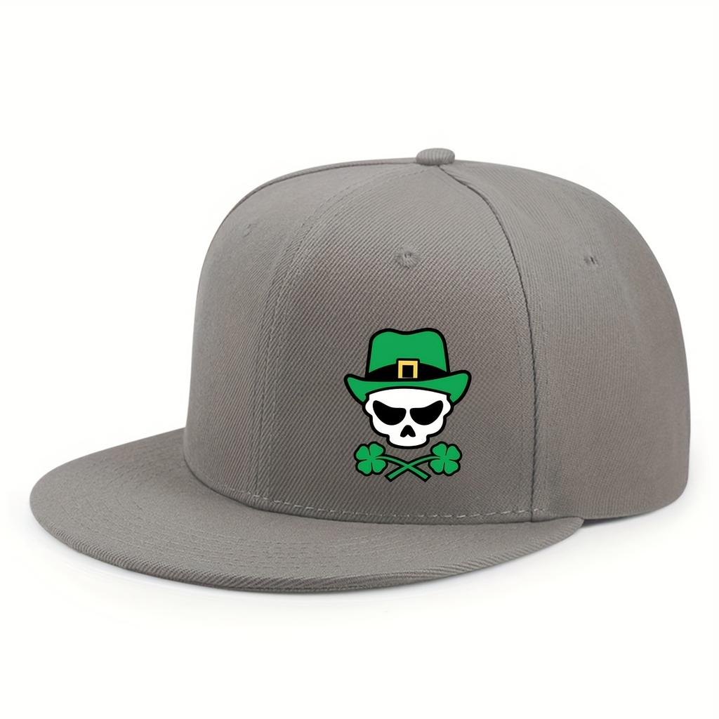 St Patrick Skull Shamrock Print Baseball Cap Unisex Polyester Adjustable Flat Brim Casual Hat