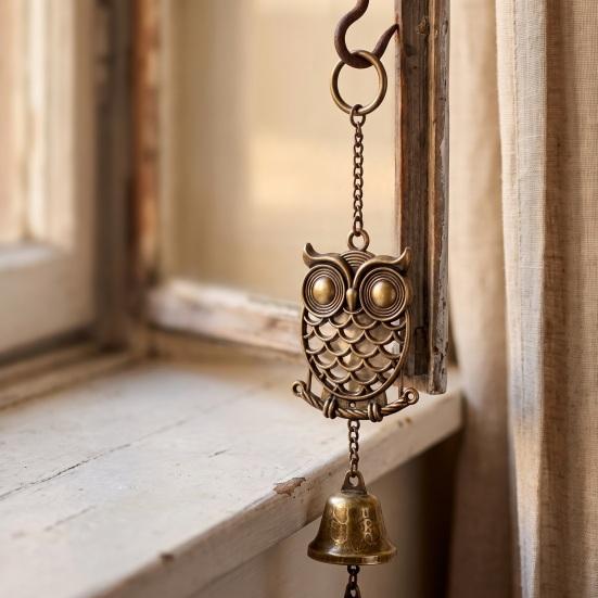 Pastoral Style Wind Bells Vintage Metal Owl Chime with 3 Bells, Hollow Hanging Ornament, Retro Bronze Ornaments Pendant for Garden Patio Balcony