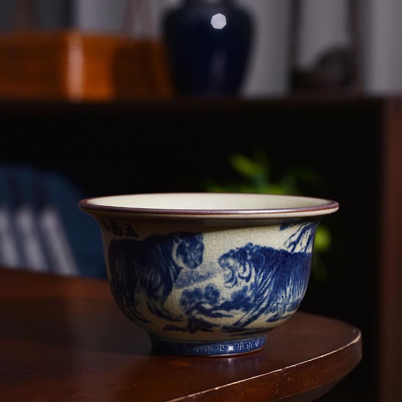 Jingdezhen Blue And White Porcelain Retro Teacup Chinese Master Cup Old Pottery Mud Bowl Cup Finger Wrench Cup Zodiac Heart Sutra Drinking Tea Cup