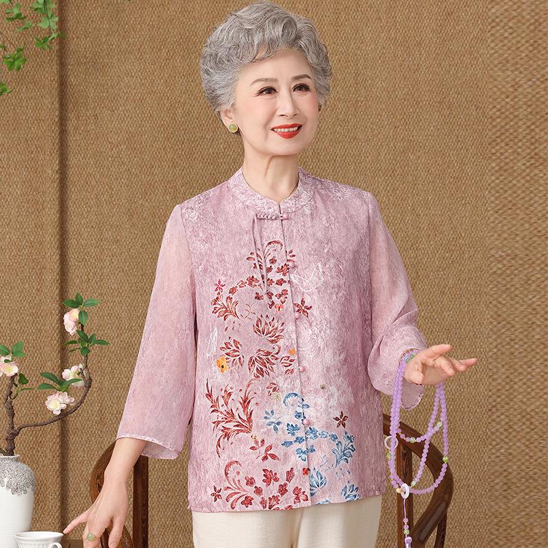 

Grandma s Summer Chiffon Top: Elegant 3/4 Sleeve for Middle-Aged & Elderly Women 3XL (125-135 jin)