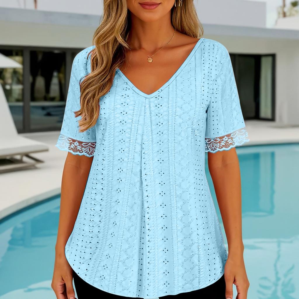 Women's Solid Color V-neck Loose Short Sleeved Pleated T-shirt Top