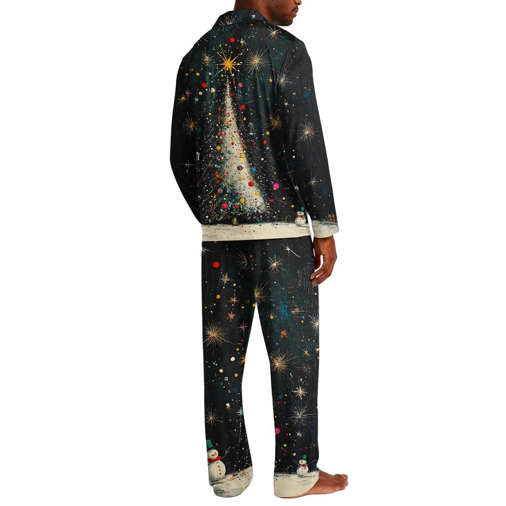 Men's Loose Fit Christmas Print Pajama Set with Button Down Top and Straight Leg Pants - Two Piece Holiday Sleepwear