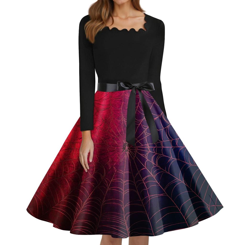 Women's Fashion Square Neck Casual Slim Halloween Printed Long Sleeve Dresses