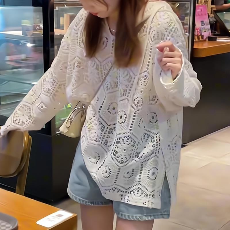 

Женское худи из ажурного трикотажа – Новый дизайн Весна 2025, Свободный силуэт, Скрывающий недостатки фигуры, Топ с длинным рукавом Large белый/слоновая кость