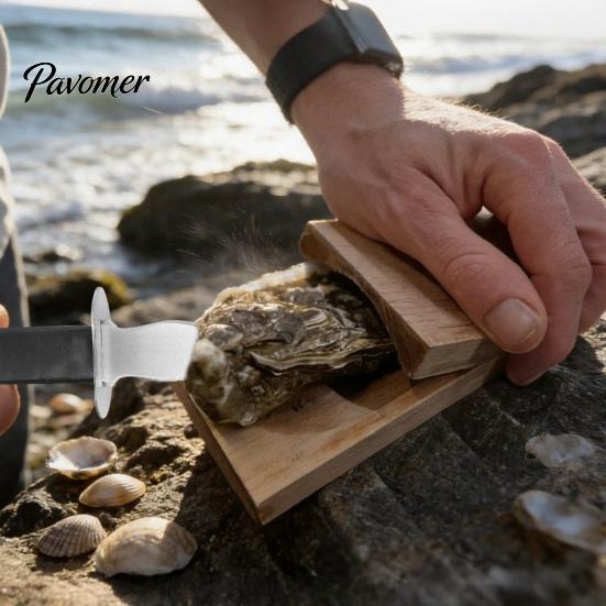 Non Slip Shellfish Shucker Oyster Cutter with Clamp, Stainless Steel Blade And Ergonomic Kitchen Tool for Hard Shells Wood Base Design, Non-slip