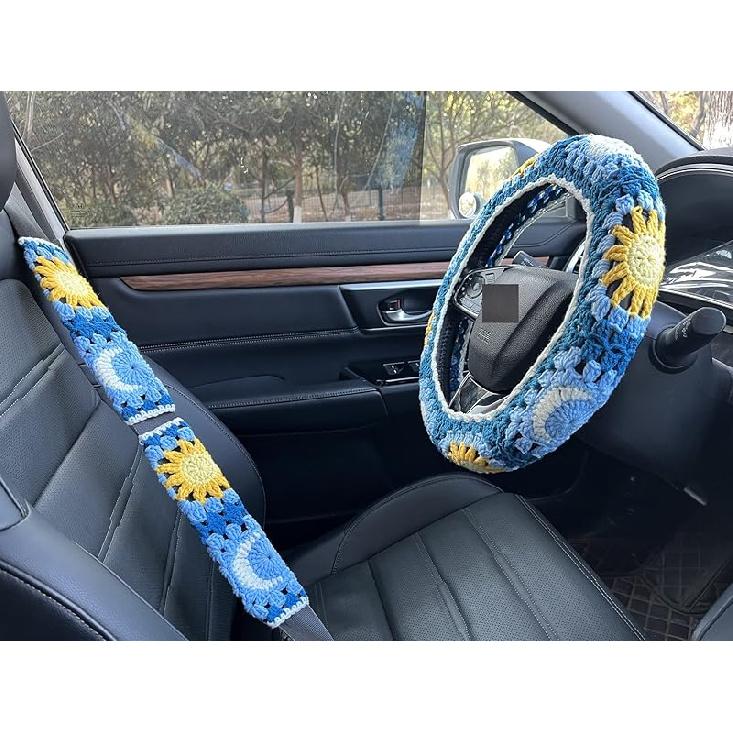 Handmade Crochet Sun and Moon Car Steering Wheel Covers Universal 14-15 inch for Women and Men (Steering Wheel Cover)