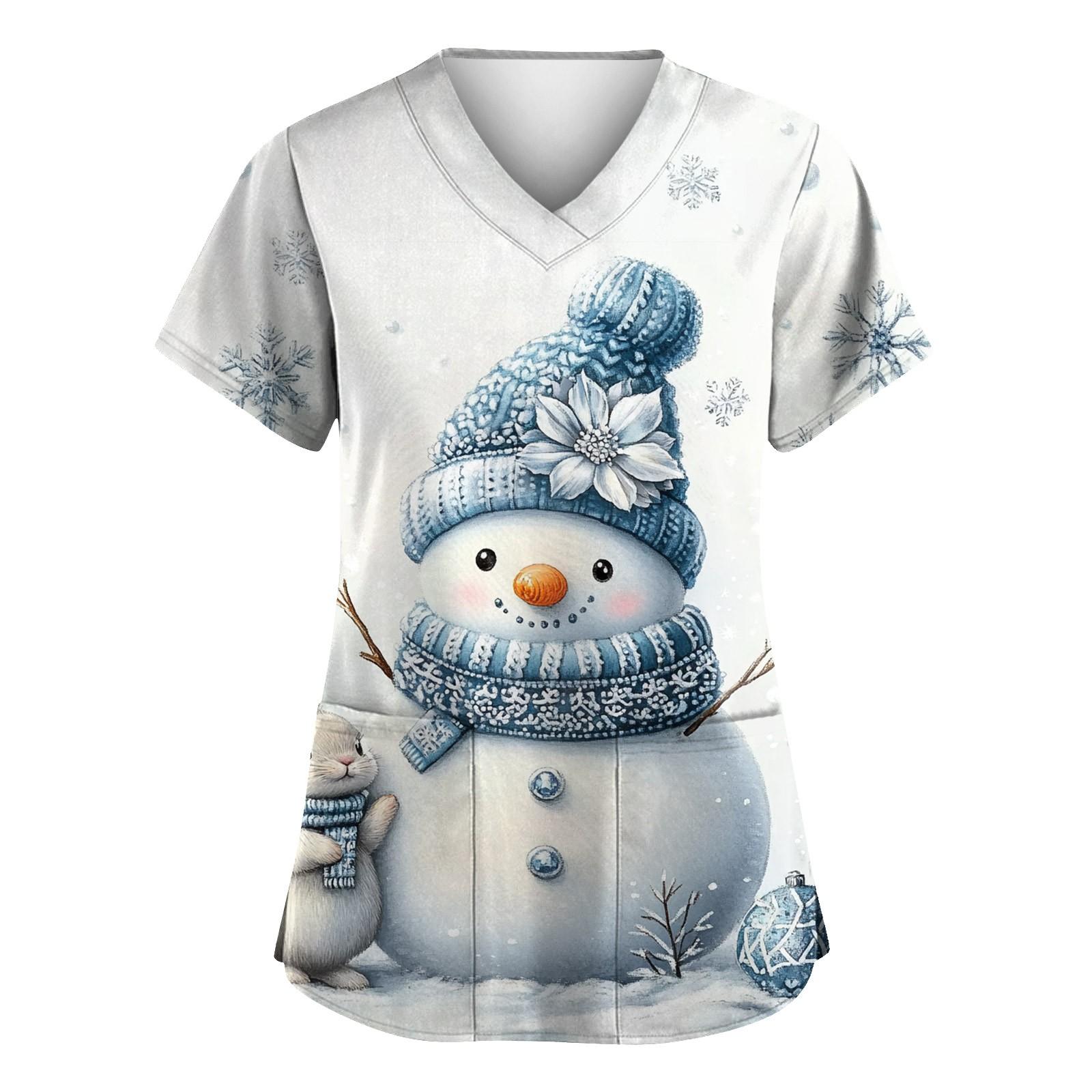 

Женская модная футболка с коротким рукавом и V-образным вырезом, карманом и рождественским принтом XL