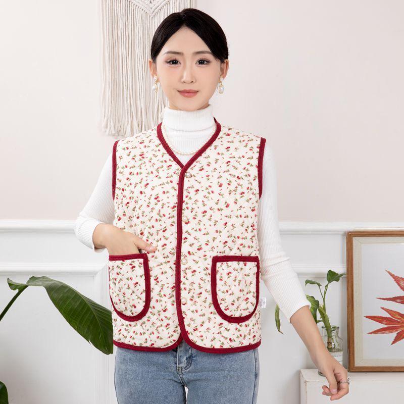 Women's V Neck Sleeveless Vest Regular Fit Vintage Floral Print Quilted Waistcoat