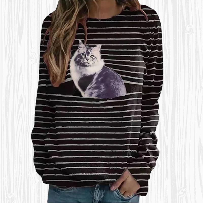 Topuri Toamna Femei Loose Cat Cute Cat Print Causal Tricou Maneca Lunga Top Bluza
