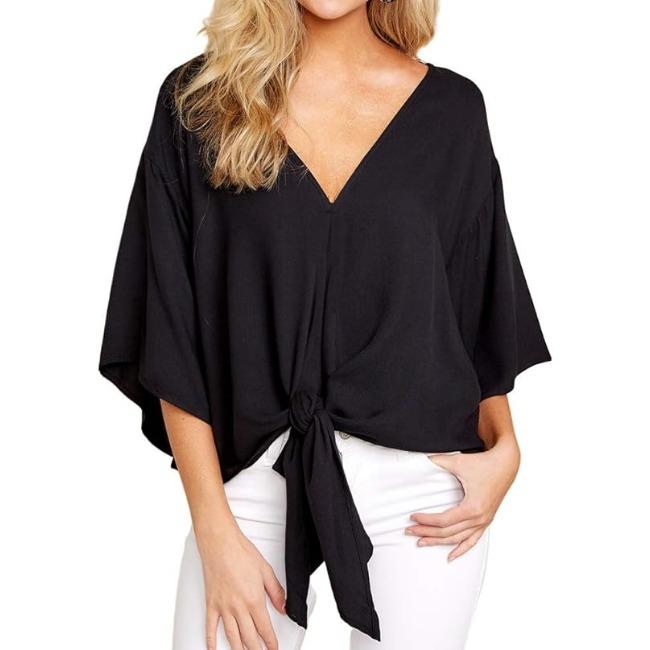 Damen Casual Blumenhemd Sommerstil V-Ausschnitt Kurzarm Fledermausärmel Lockeres Hemd Bohemian Stil Frontknoten Oberteil