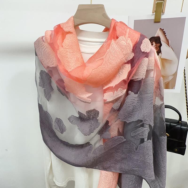 Shawl Scarf Advanced New Gradual Change Flower Long Silk Scarf Yarn Versatile Sunscreen Shawl
