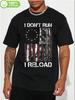 "I Don't Run I Reload" Patriotic Shotgun Shells American Flag Graphic T-shirt - 100% Cotton Regular Fit Short Sleeve Tee with Bold Back Print