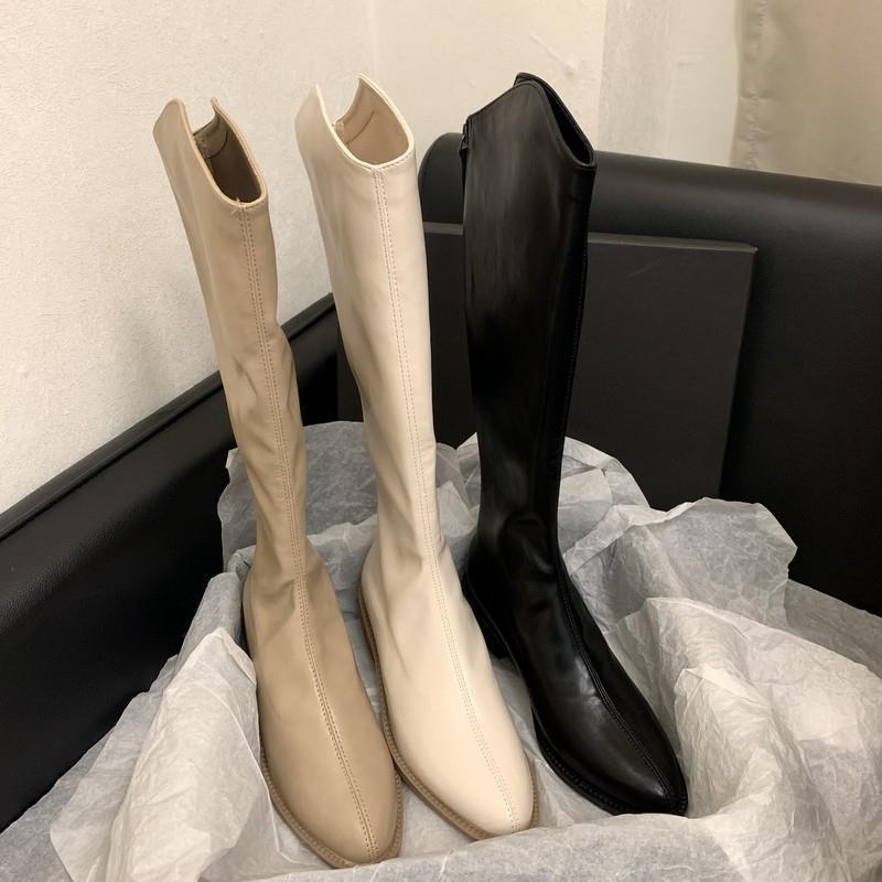 Short Boots Coarse Heel Autumn Beige Tall Western Skinny Boots Cowboy Single Boots Pointed Middle Heel Women's Boots