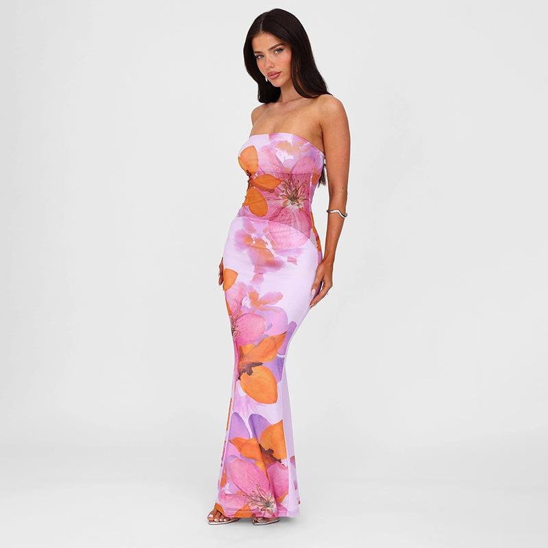 European and American women's clothing sleeveless splicing contrasting color printing slim-fitting hip-wrapped tube top dress