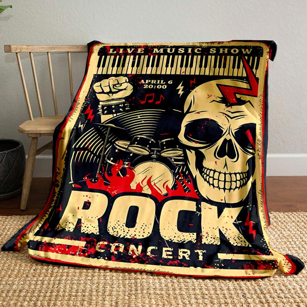 A rock concert poster with bold skull, flames, and musical motifs. for all seasons blanket lunch break throw gift