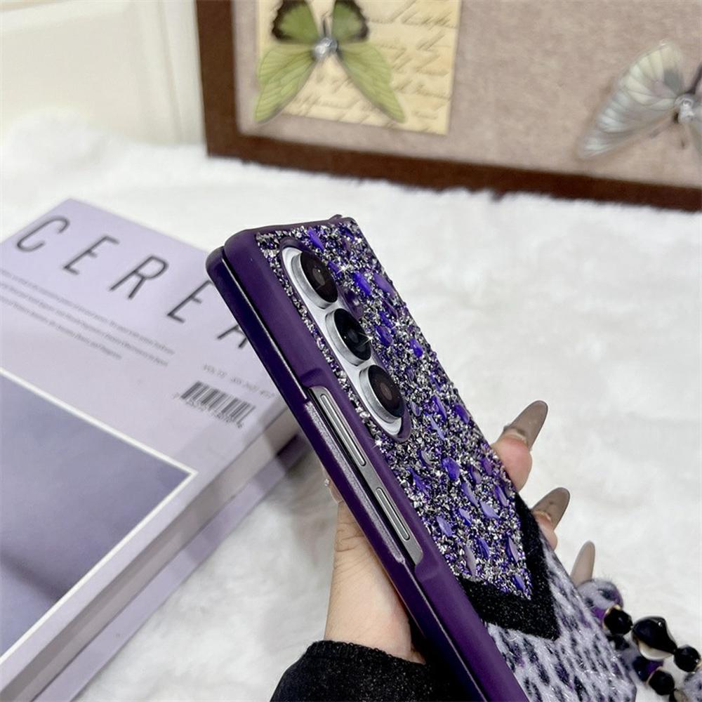 For Samsung Galaxy Z Fold7 5G Case Stone Decor Glitter Leopard Splicing Plush PC Phone Cover with Hand Chain