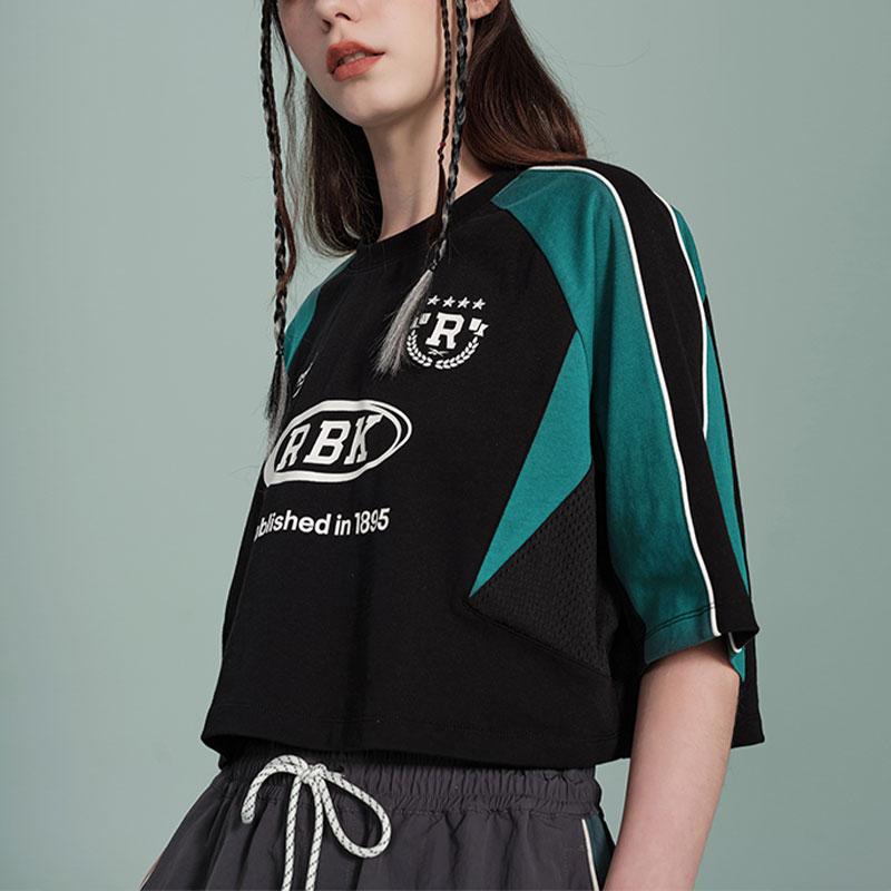 Reebok Color Block Casual Short Knit Short Sleeve Raglan T-Shirt Women Tops Black Green 24SRC402WGH0