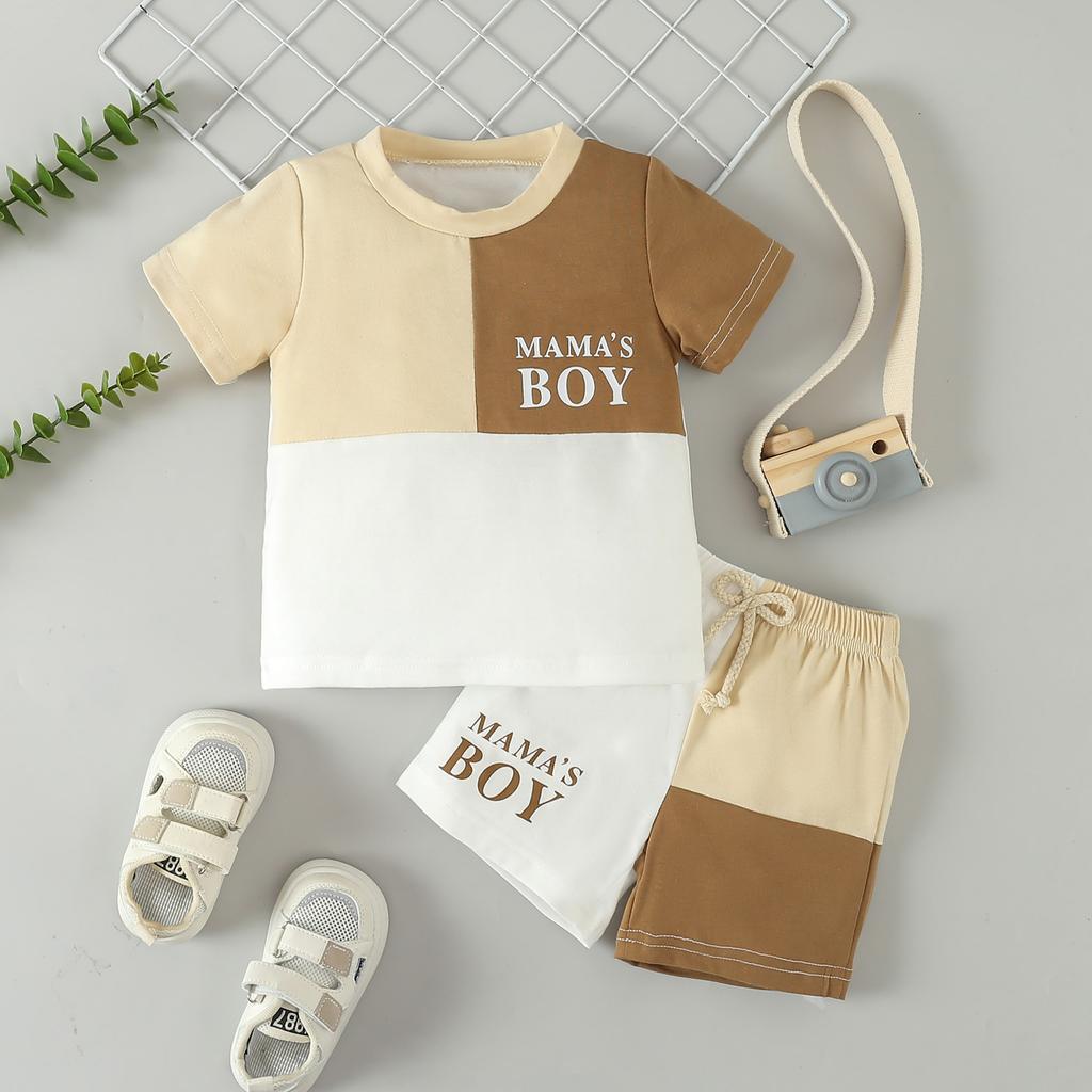 Boys' Set Summer Children's Casual Color-blocked Short-sleeved Letter T-shirt and Shorts