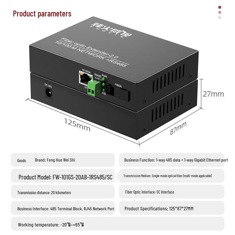 Fenghuo Weishi 1-Ch Gigabit Ethernet & RS485 Fiber Optic Transceiver