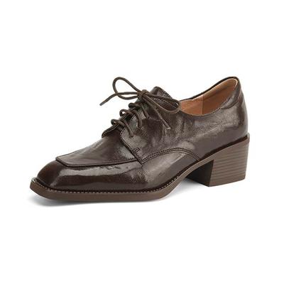 Sheepskin Autumn Winter Shoes Lace Up Med Heels Size 42 Square Toe Brown Color Pumps