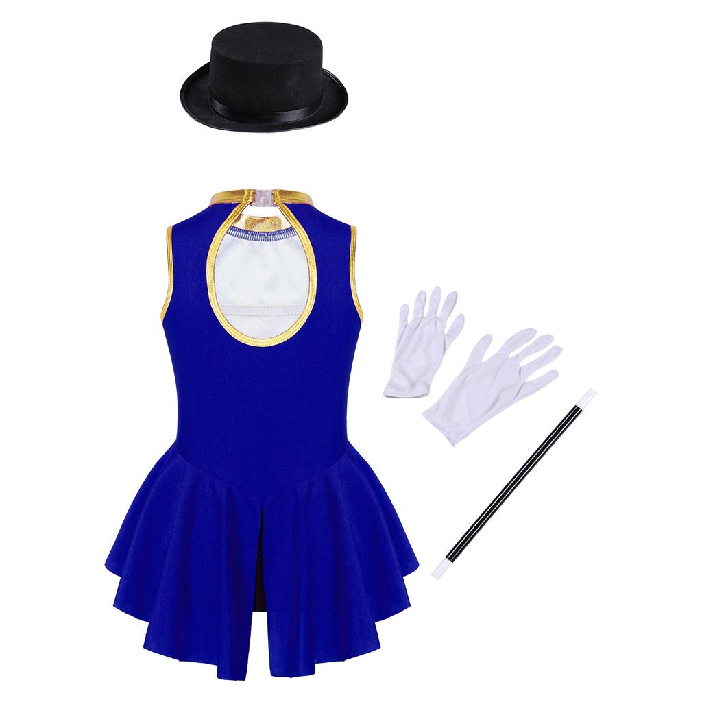 Girls Ringmaster Circus Costume Sleeveless Cutout Back Leotard Hat Magic Wand Gloves Halloween Cosplay Set