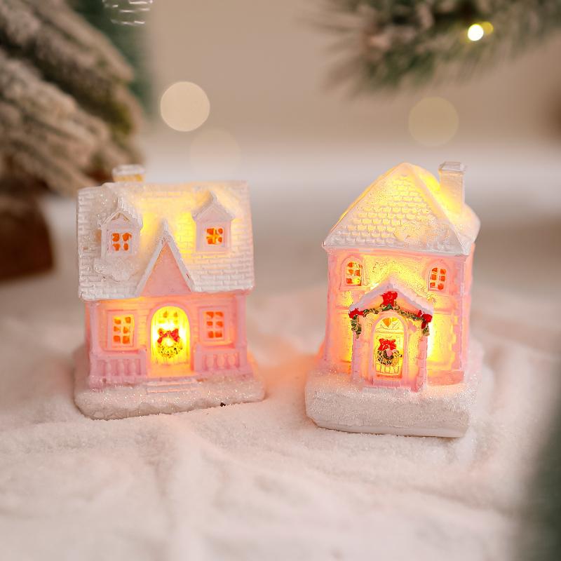 Christmas Decorations Resin Small House Light Up Village House Figurines Cartoon Table Ornament For Holiday Gift Cute Christmas