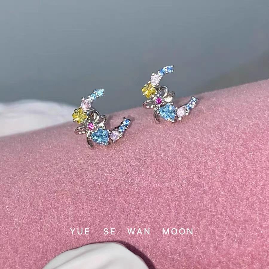 Moonlit Cat Crystal Crescent Earrings
